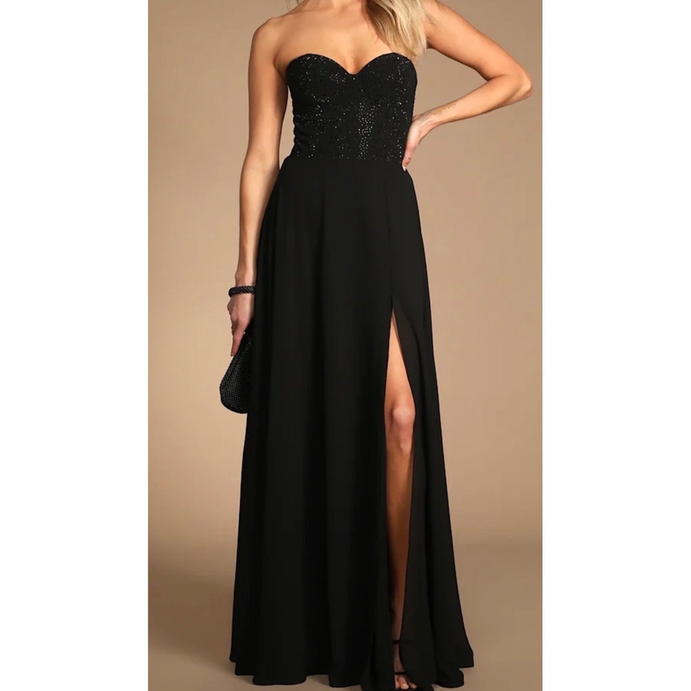 Lulus Truly Extraordinary Black‎ Rhinestone Strapless Maxi Dress Large